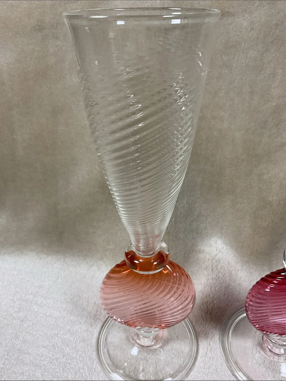 Handblown Glass Champagne Flutes with Pink and Coral Orb Stem